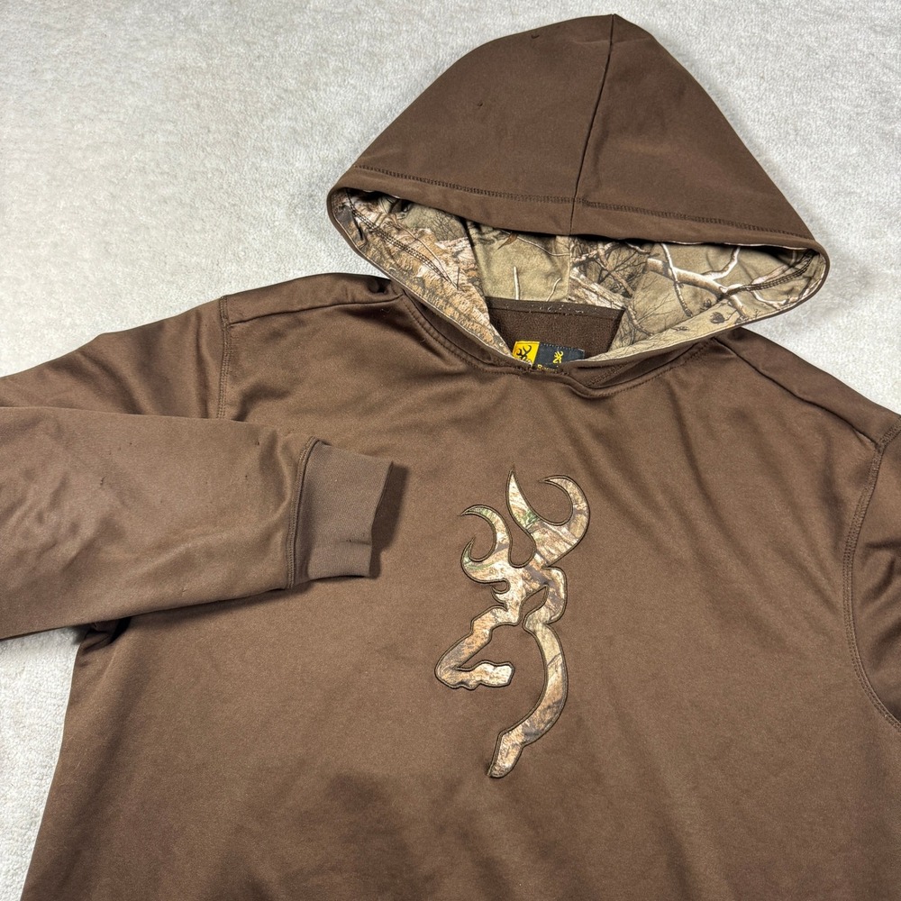 Browning Hoodie Mens XL Brown Camo Buckmark Logo Performance Fleece Sweatshirt